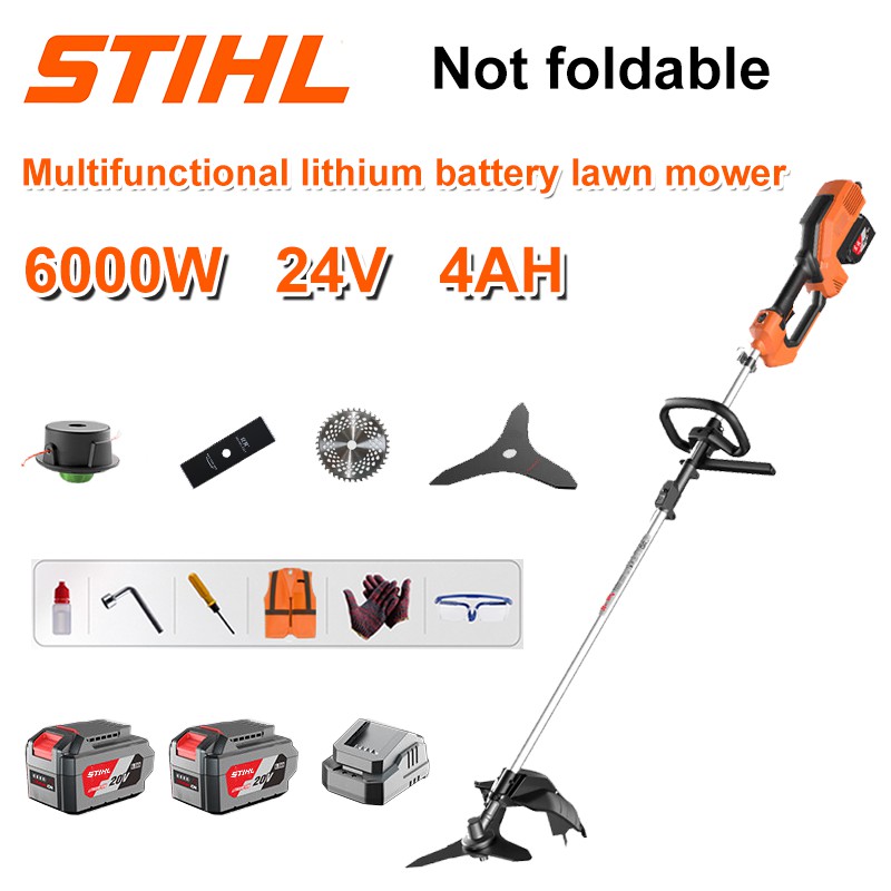 Cortador de grama sem escova de 6000 W + bateria de lítio de 48 V/4 AH * 2 + lâmina de serra circular + lâmina de serra reta + disco de capina + corda de capina * 20 + carregador original + outros acessórios + garantia de dez anos