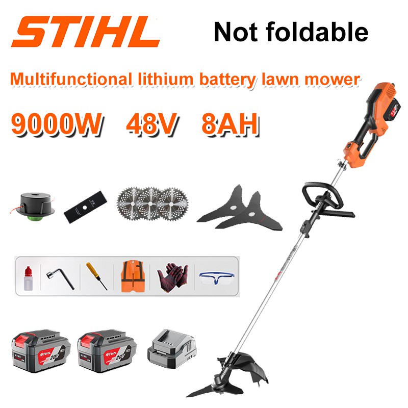 Cortador de grama sem escova de 9000 W + bateria de lítio de 48 V/8 AH * 2 + lâmina de serra circular * 3 + lâmina de serra reta + disco de capina + corda de capina * 20 + lâmina de três folhas * 2 + carregador original + outros acessórios + garantia de dez anos