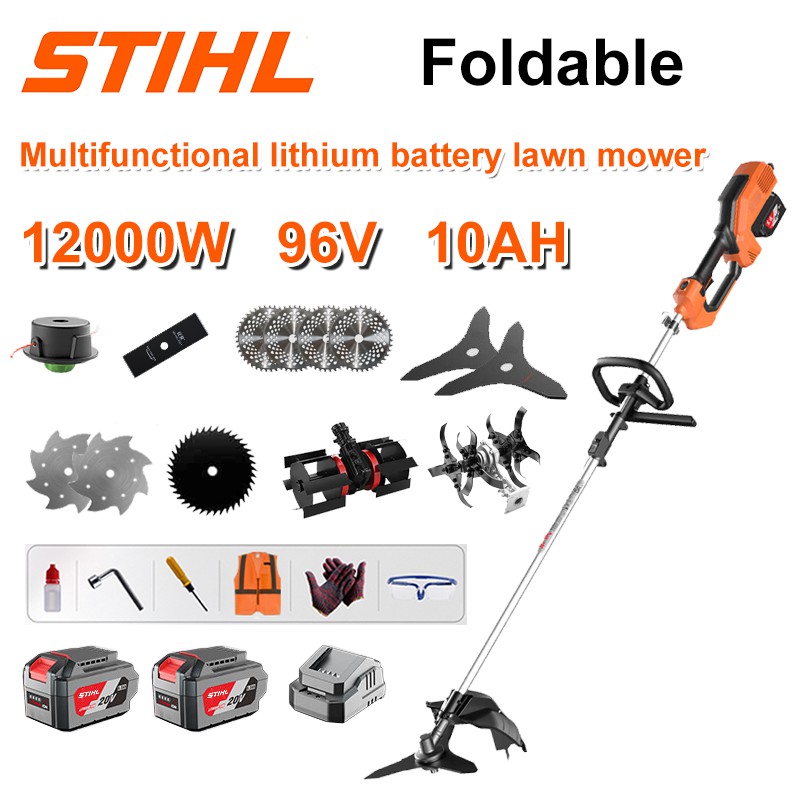 Cortador de grama sem escova de 12000 W + bateria de lítio de 96 V/10 AH * 2 + lâmina de serra circular * 4 + lâmina de serra reta + disco de capina + corda de capina * 20 + lâmina de três folhas * 2 + lâmina de serra de aço + lâmina de serra de liga * 2 + cabeça de capina + cabeça de arado + carregador rápido duplo original + outros acessórios + garantia de dez anos