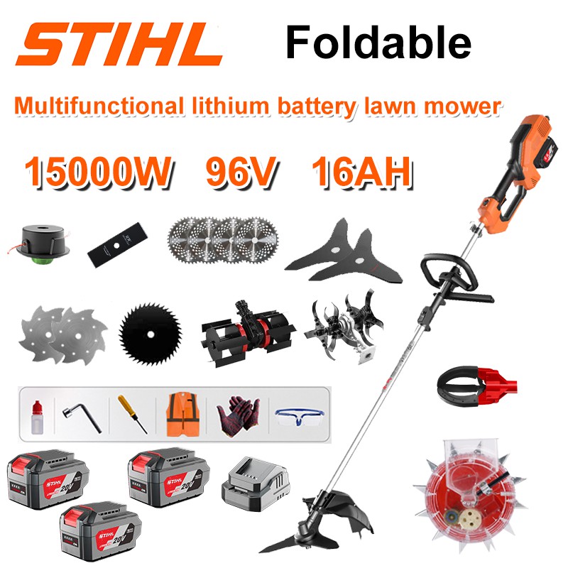 Cortador de grama sem escova de 15000 W + bateria de lítio de 96 V/16 AH*3 + lâmina de serra circular*4 + lâmina de serra reta + disco de capina + corda de capina*20 + lâmina de três folhas*2 + lâmina de serra de aço+ lâmina de liga*2 + cabeça de capina+ cabeça de arado+ carregador rápido duplo original+ cabeça de colheita de frutas+ cabeça de semeadura+ outros acessórios+ garantia de dez anos