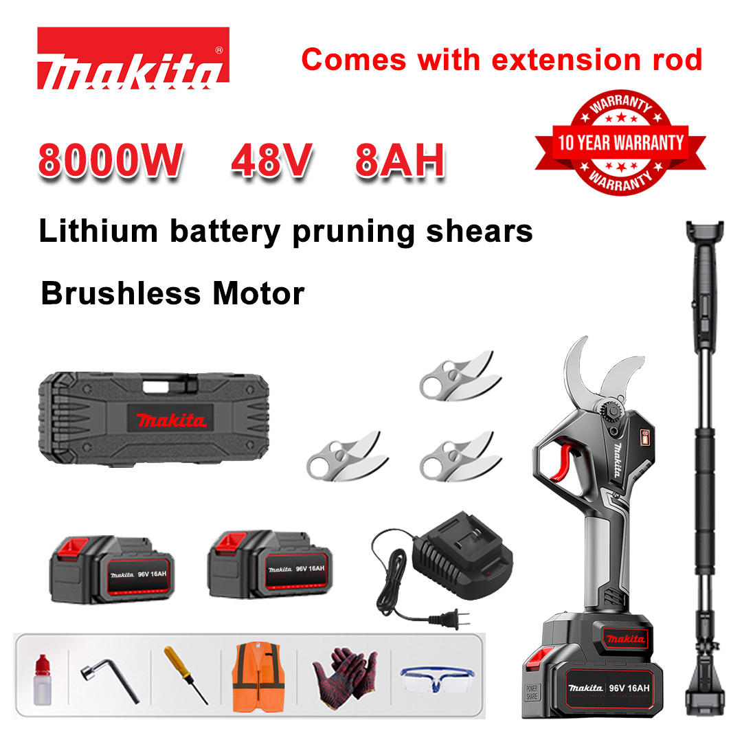 [Haste de extensão 1,5~5m] Tesoura de poda sem escovas de bateria de lítio de 8000W + bateria de 48V8Ah * 2 + lâmina de liga sk9 * 3 + carregador + visor de energia LED + caixa de ferramentas + óleo lubrificante + óculos de segurança + 10 anos de garantia