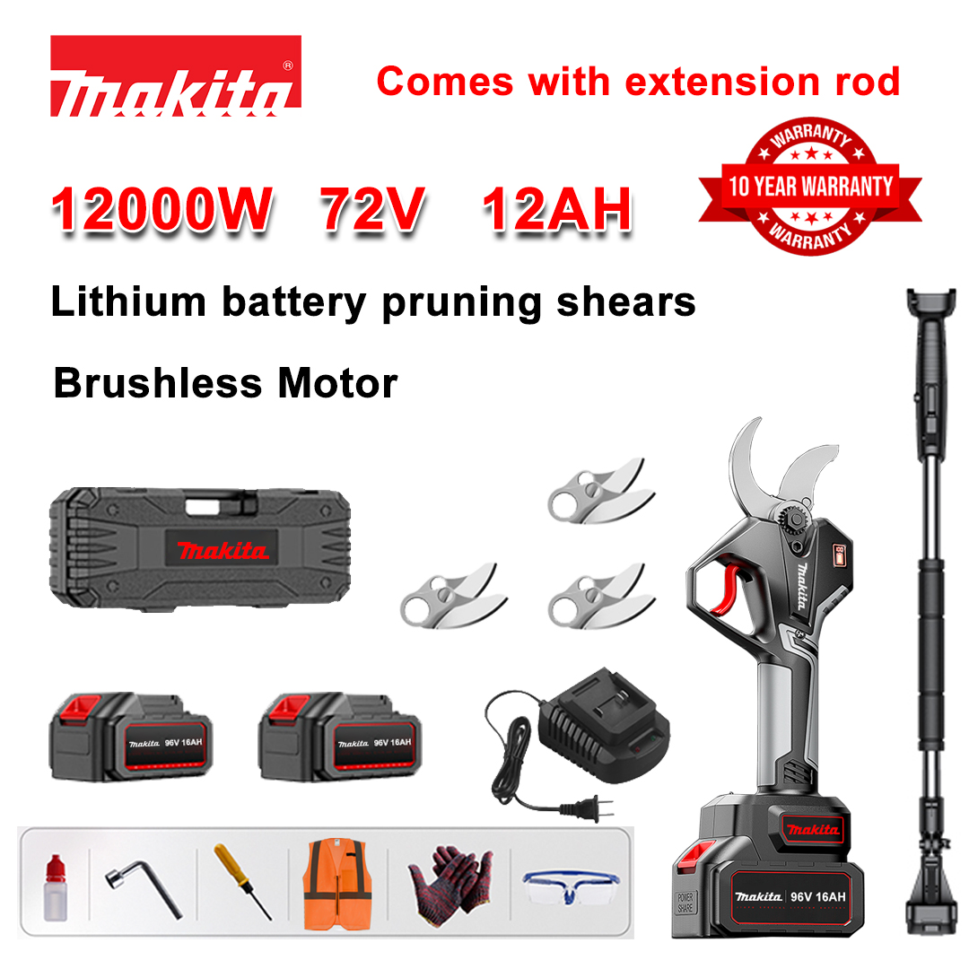 [Haste de extensão 1,5~5m] Tesoura de poda sem escovas de bateria de lítio de 12000W + bateria de 78V12Ah * 2 + lâmina de liga sk9 * 3 + carregador + visor de energia LED + caixa de ferramentas + óleo lubrificante + óculos de segurança + 10 anos de garantia