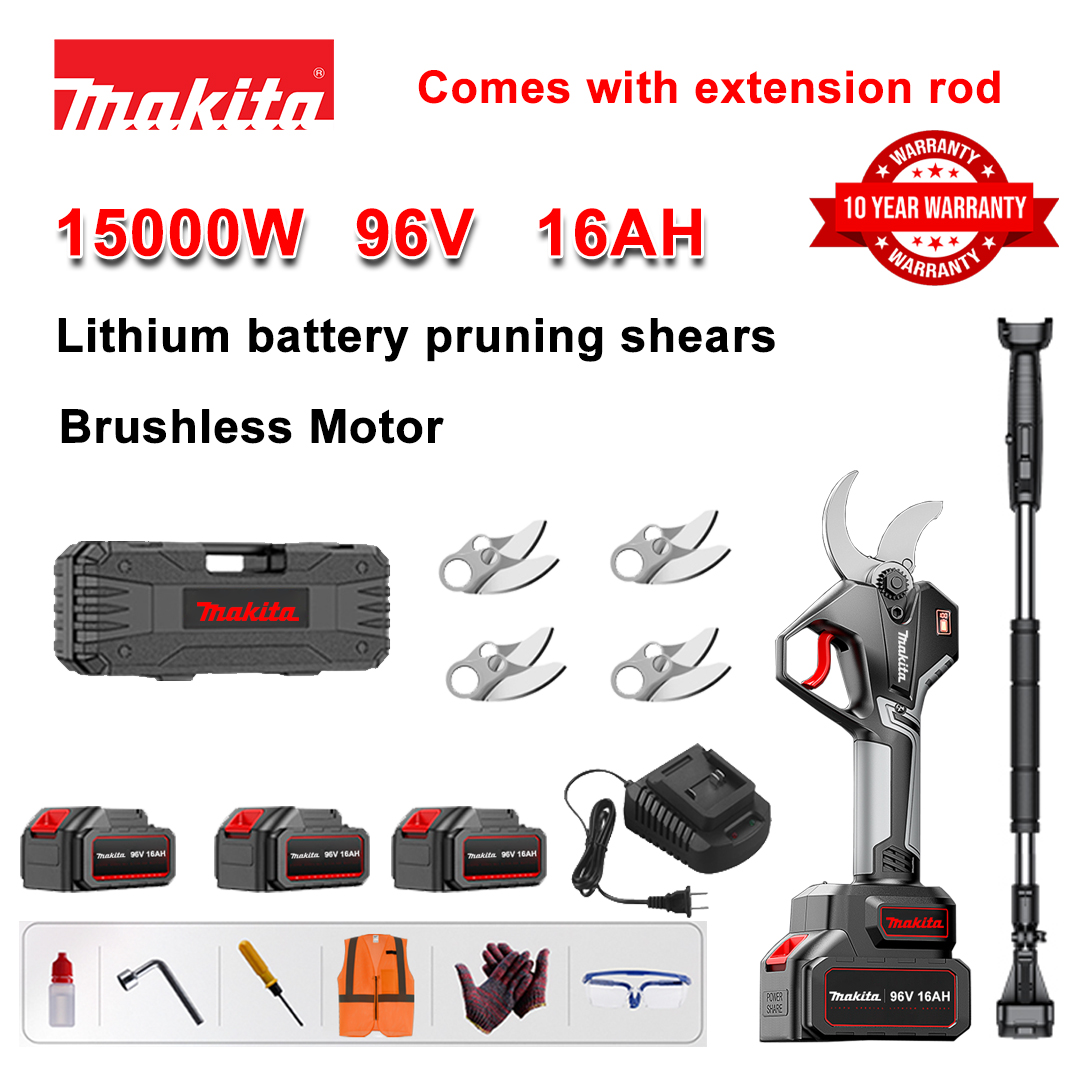[Haste de extensão 1,5~5m] Tesoura de poda sem escovas de bateria de lítio de 15000W + bateria de 96V16Ah * 3 + lâmina de liga sk9 * 4 + carregador + visor de energia LED + caixa de ferramentas + óleo lubrificante + óculos de segurança + 10 anos de garantia