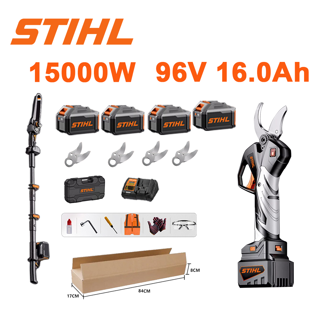 Tesoura de poda de bateria de lítio sem escovas de 10 polegadas, potência de 15.000 W, bateria de 96 V 16,0 Ah * 4, carregador, lâmina SK9 * 4, haste telescópica * 1 (retrátil 150 CM-450 CM), caixa de ferramentas, óleo lubrificante e óculos de proteção, garantia de cinco anos
