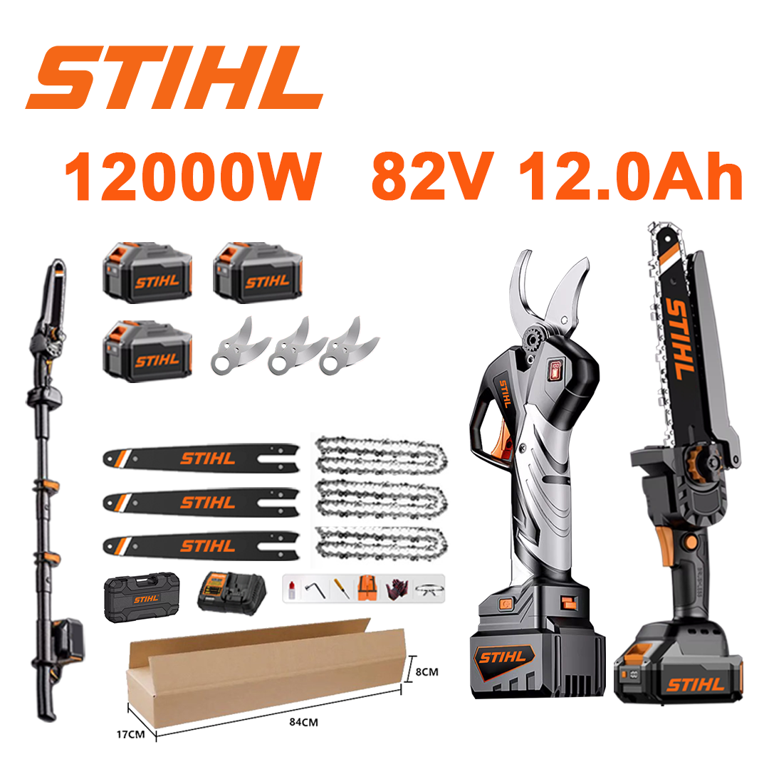 Indicador de voltagem LED (duração da bateria: 18 horas). Motosserra de íons de lítio de 10 polegadas e 12.000 W + tesoura de poda + baterias de 82 V e 12,0 Ah * 3 + carregador + hastes * 3 + correntes * 3 + lâminas de liga SK9 * 3 + haste telescópica * 1 (telescópica de 150 cm a 450 cm) + caixa de ferramentas + óleo lubrificante + óculos de segurança, garantia de 10 anos.