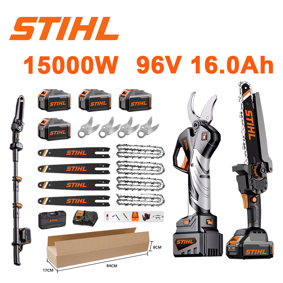 Indicador de voltagem LED (duração da bateria: 36 horas). Motosserra de íons de lítio de 10 polegadas e 15.000 W + tesoura de poda + baterias de 96 V e 16,0 Ah*4 + carregador + hastes-guia*4 + correntes*4 + lâminas de liga SK9*4 + haste telescópica*1 (retrátil de 150 cm a 450 cm) + caixa de ferramentas + óleo lubrificante + óculos de proteção, garantia de 10 anos.